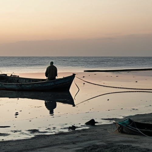 **Prompt:** A desolate ocean scene at dawn. A small, aged fishing boat with a single, weary fisherman. His empty nets hang loose, symbolizing depleted marine resources. In the background, a vast, once-bountiful fishing ground looks barren and lifeless. The overall mood is somber and reflective of overfishing's devastating impact. (Style: Realistic, cinematic, wide shot, muted colors).
