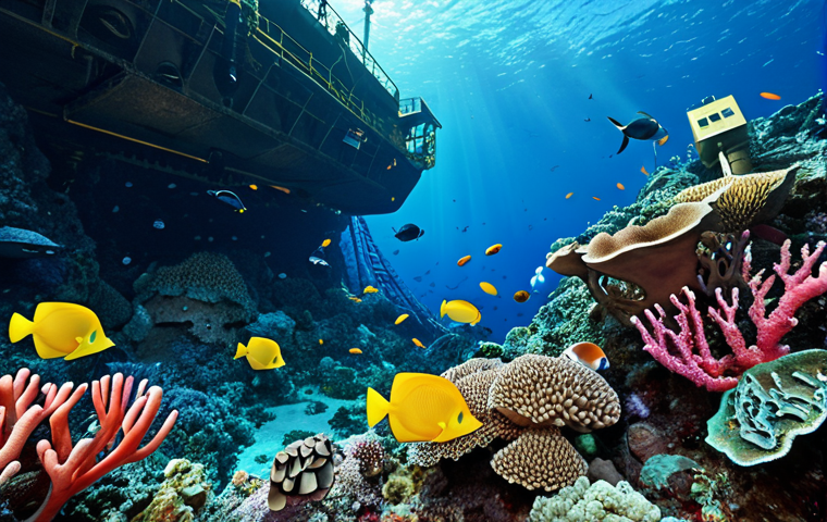 **

A vibrant coral reef teeming with marine life, juxtaposed with a deep-sea mining operation in the background. The foreground showcases healthy corals and colorful fish, while the background depicts a mining vessel and underwater robots extracting resources. The image aims to highlight the contrast between the beauty of marine ecosystems and the potential impact of resource extraction, emphasizing the need for responsible mining practices.

**