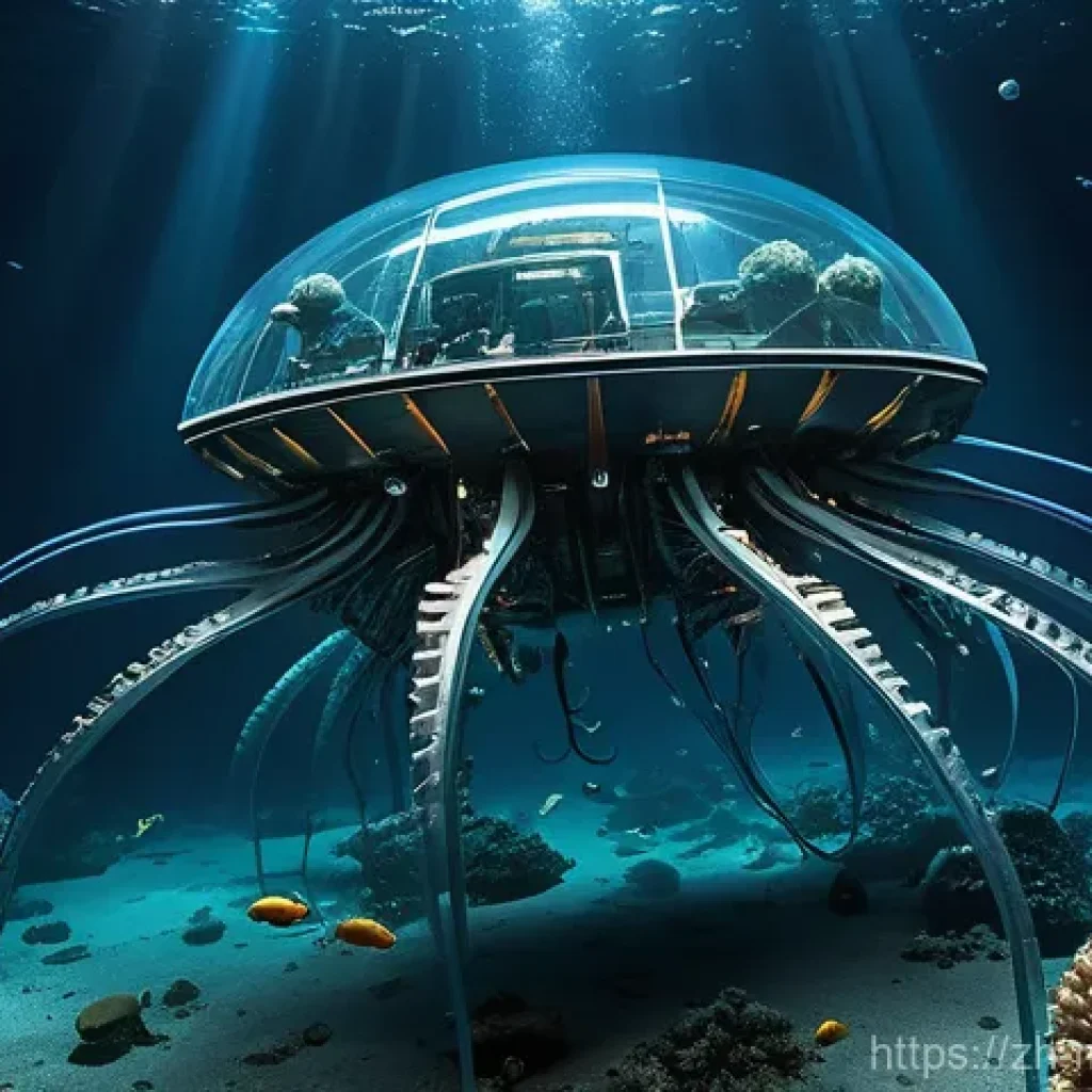 심해광물 채굴 기술 - "An advanced, sleek deep-sea exploration vehicle with intricate robotic arms and powerful LED lights...