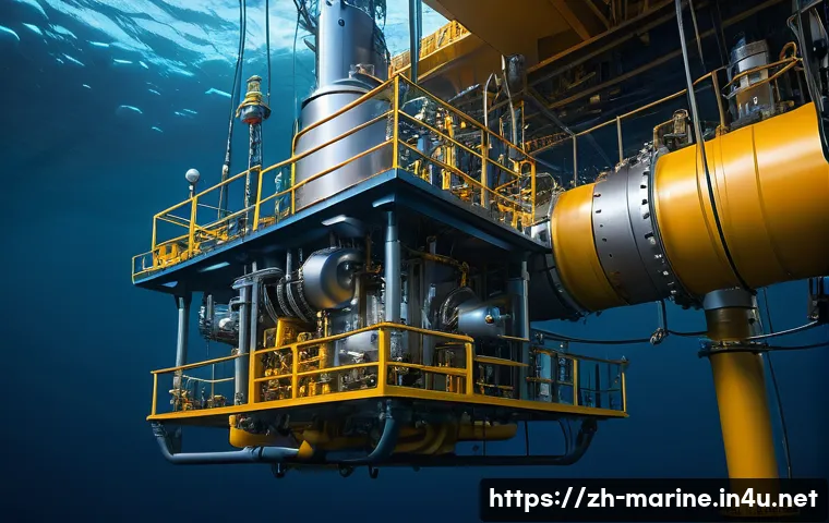 심해가스 개발의 기술적 난제 - A high-tech deep-sea natural gas platform equipment scene under extreme pressure and cold conditions...