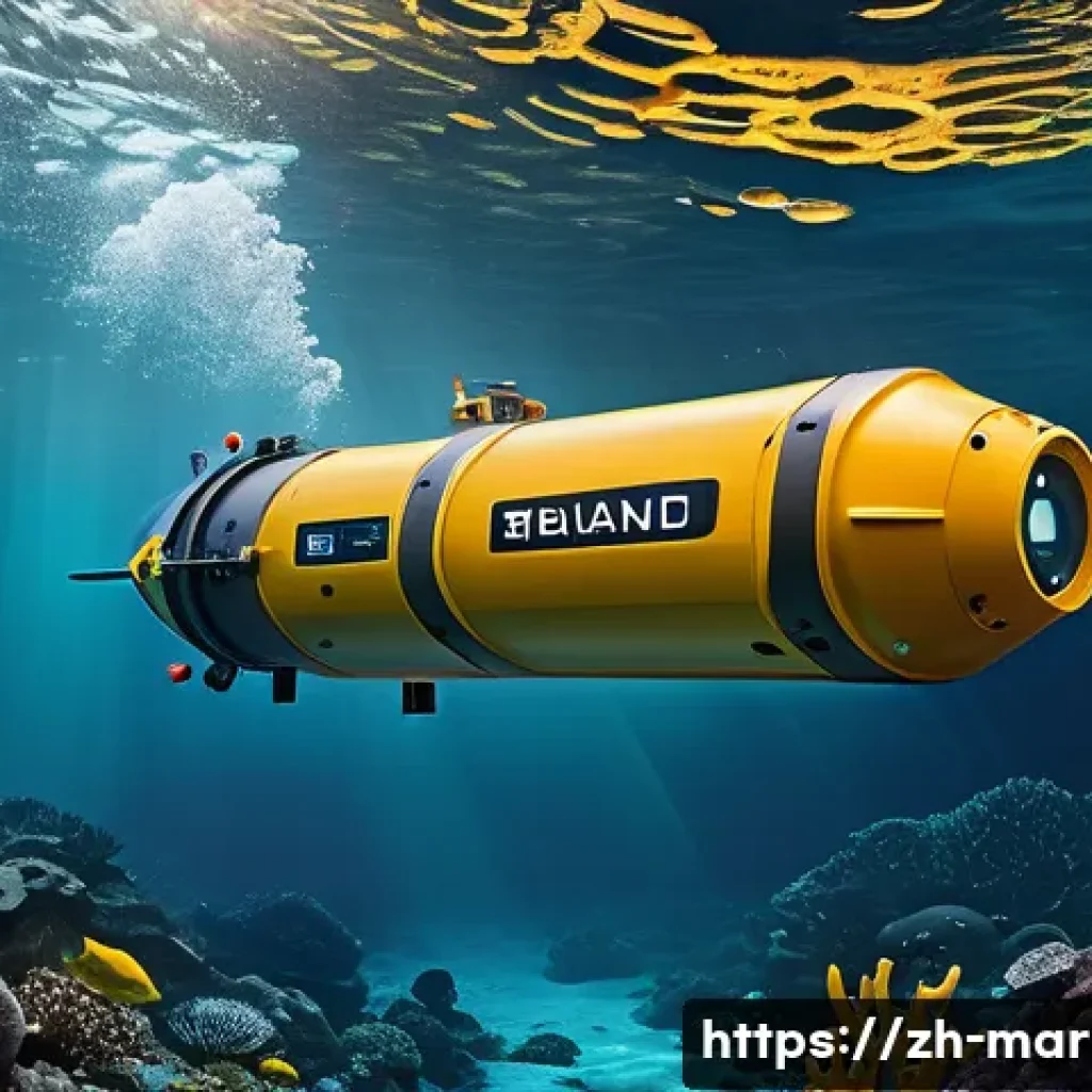 해양자원 개발의 미래 기술 - A highly detailed underwater scene showcasing a state-of-the-art autonomous underwater vehicle (AUV)...
