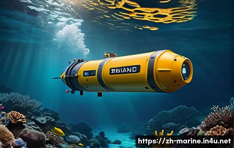 해양자원 개발의 미래 기술 - A highly detailed underwater scene showcasing a state-of-the-art autonomous underwater vehicle (AUV)...