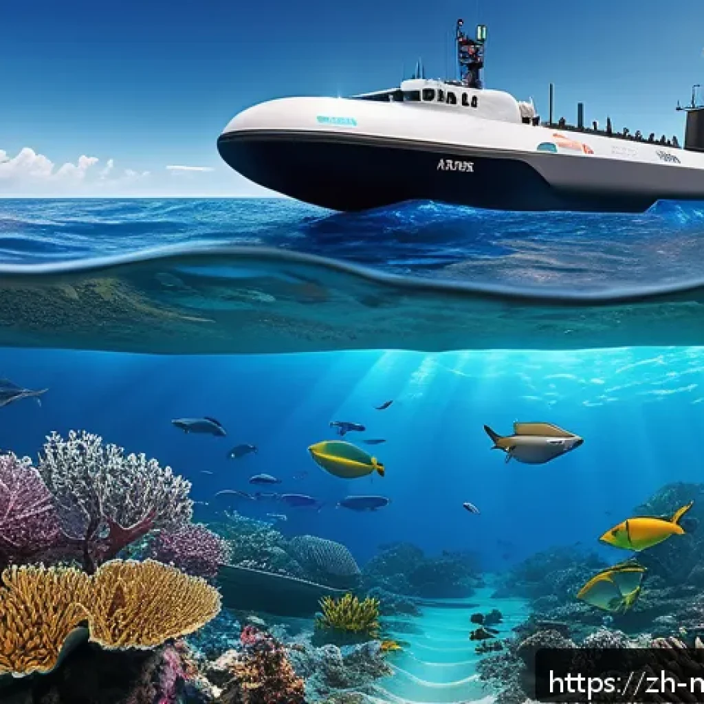 국제 해양자원 개발 규제 - A futuristic deep-sea mining operation scene showing a large autonomous underwater vehicle (AUV) equ...