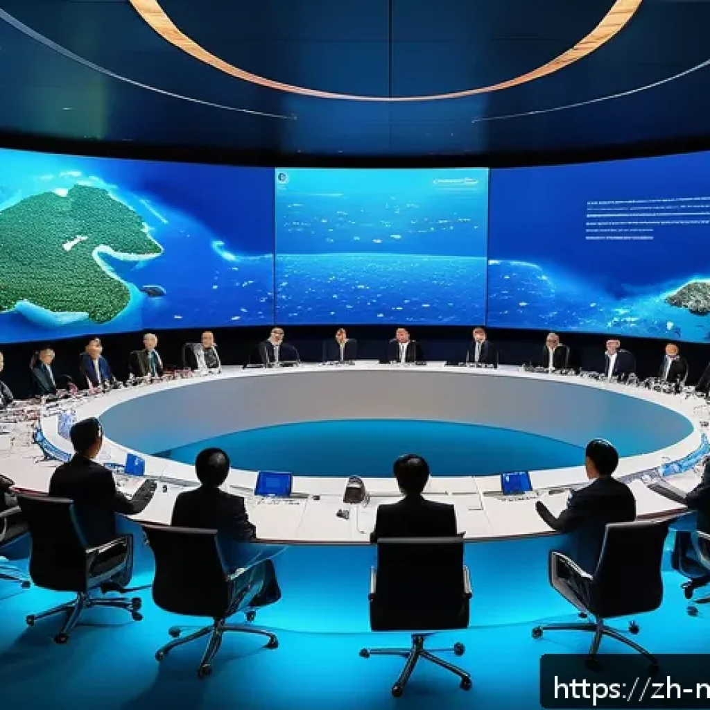 해양 자원 국제 협약 - A futuristic international ocean governance meeting scene set on a high-tech floating conference pla...