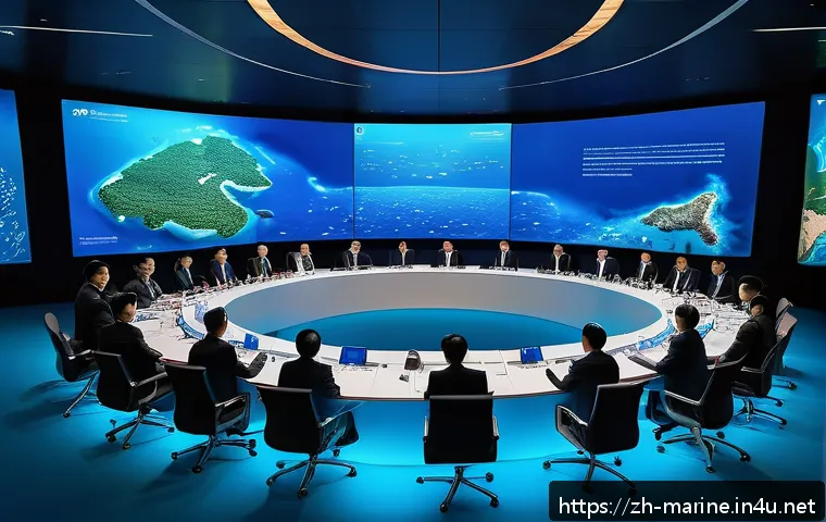 해양 자원 국제 협약 - A futuristic international ocean governance meeting scene set on a high-tech floating conference pla...
