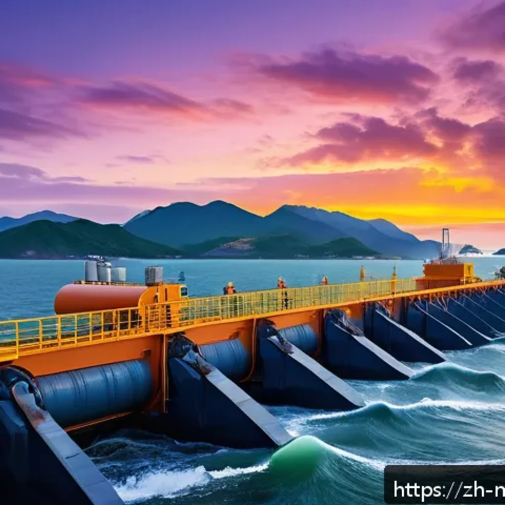 해양자원 개발과 기후 변화 대응 - A detailed coastal tidal energy power station at sunrise, showcasing large tidal turbines partially ...