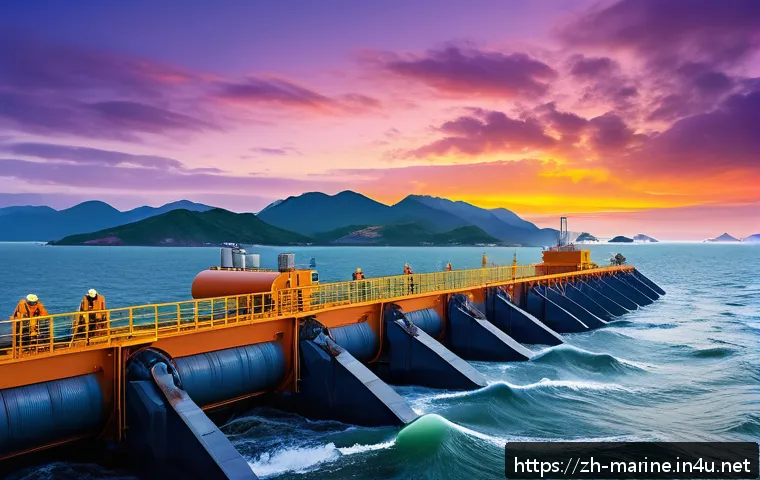 해양자원 개발과 기후 변화 대응 - A detailed coastal tidal energy power station at sunrise, showcasing large tidal turbines partially ...