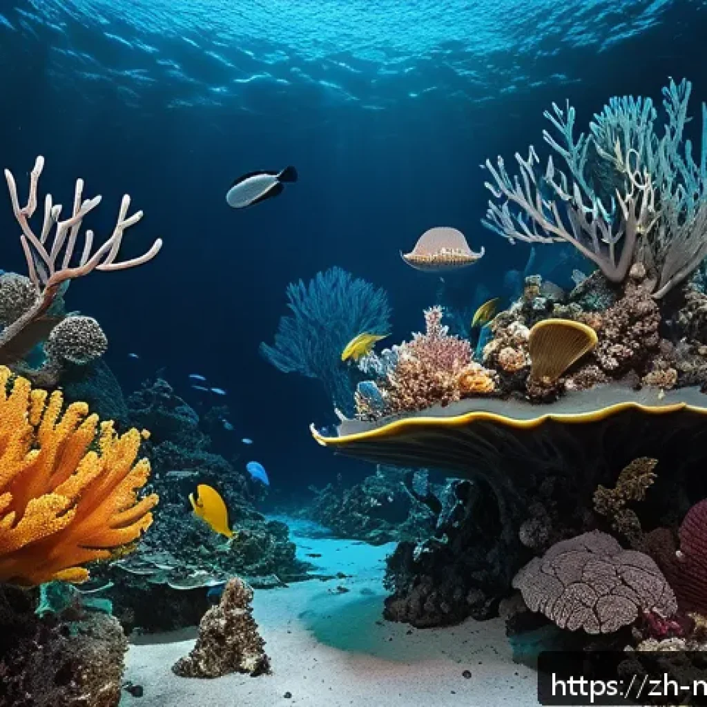해양자원 개발 리스크 분석 - A detailed underwater scene showcasing a fragile deep-sea ecosystem with diverse marine life forms s...
