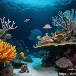 해양자원 개발 리스크 분석 - A detailed underwater scene showcasing a fragile deep-sea ecosystem with diverse marine life forms s...