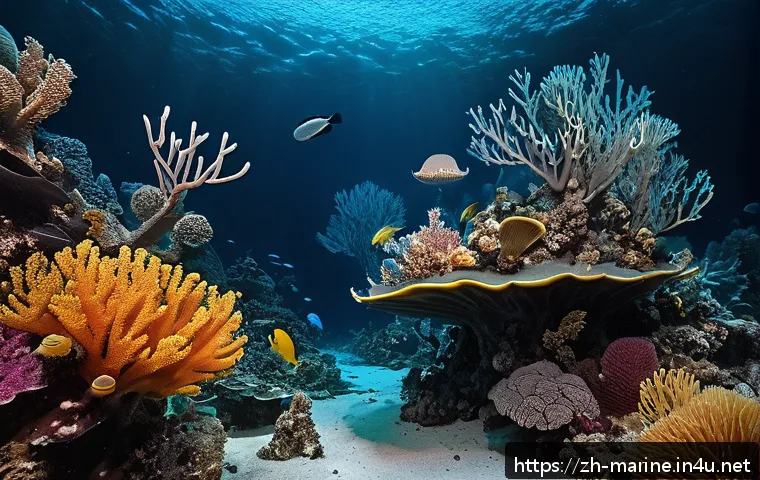 해양자원 개발 리스크 분석 - A detailed underwater scene showcasing a fragile deep-sea ecosystem with diverse marine life forms s...