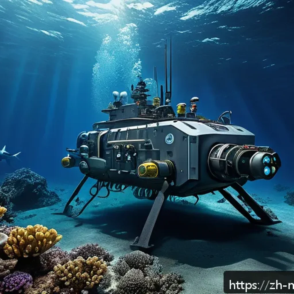 해양자원 개발의 위험 요소 - A detailed underwater deep-sea mining scene showing advanced submersible robots equipped with mechan...
