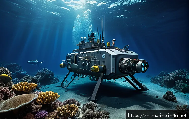 해양자원 개발의 위험 요소 - A detailed underwater deep-sea mining scene showing advanced submersible robots equipped with mechan...