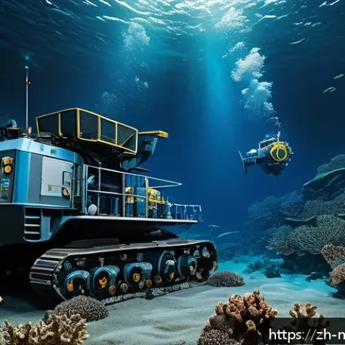해양자원 개발과 해양법 - A highly detailed underwater scene showcasing a deep-sea mining operation extracting polymetallic no...