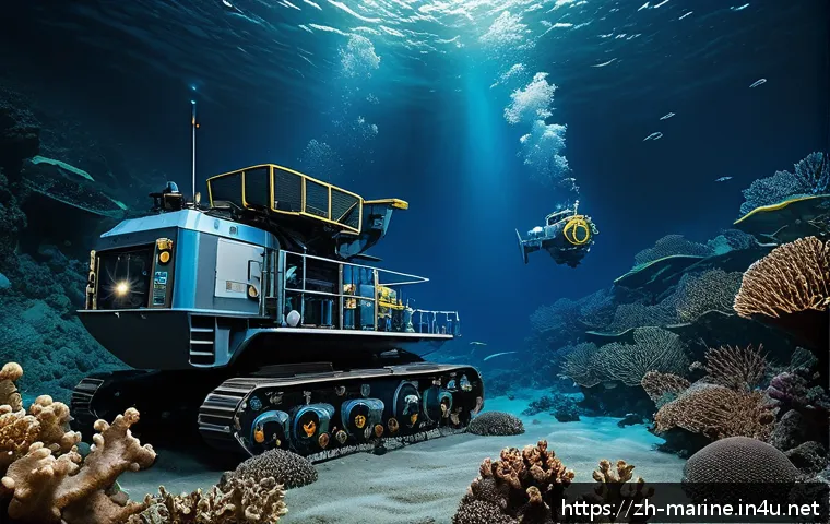 해양자원 개발과 해양법 - A highly detailed underwater scene showcasing a deep-sea mining operation extracting polymetallic no...
