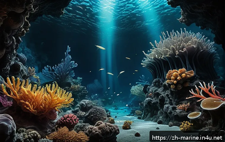 해양자원 개발과 과학적 연구 - A highly detailed underwater scene depicting a deep-sea hydrothermal vent with vivid black smokers e...